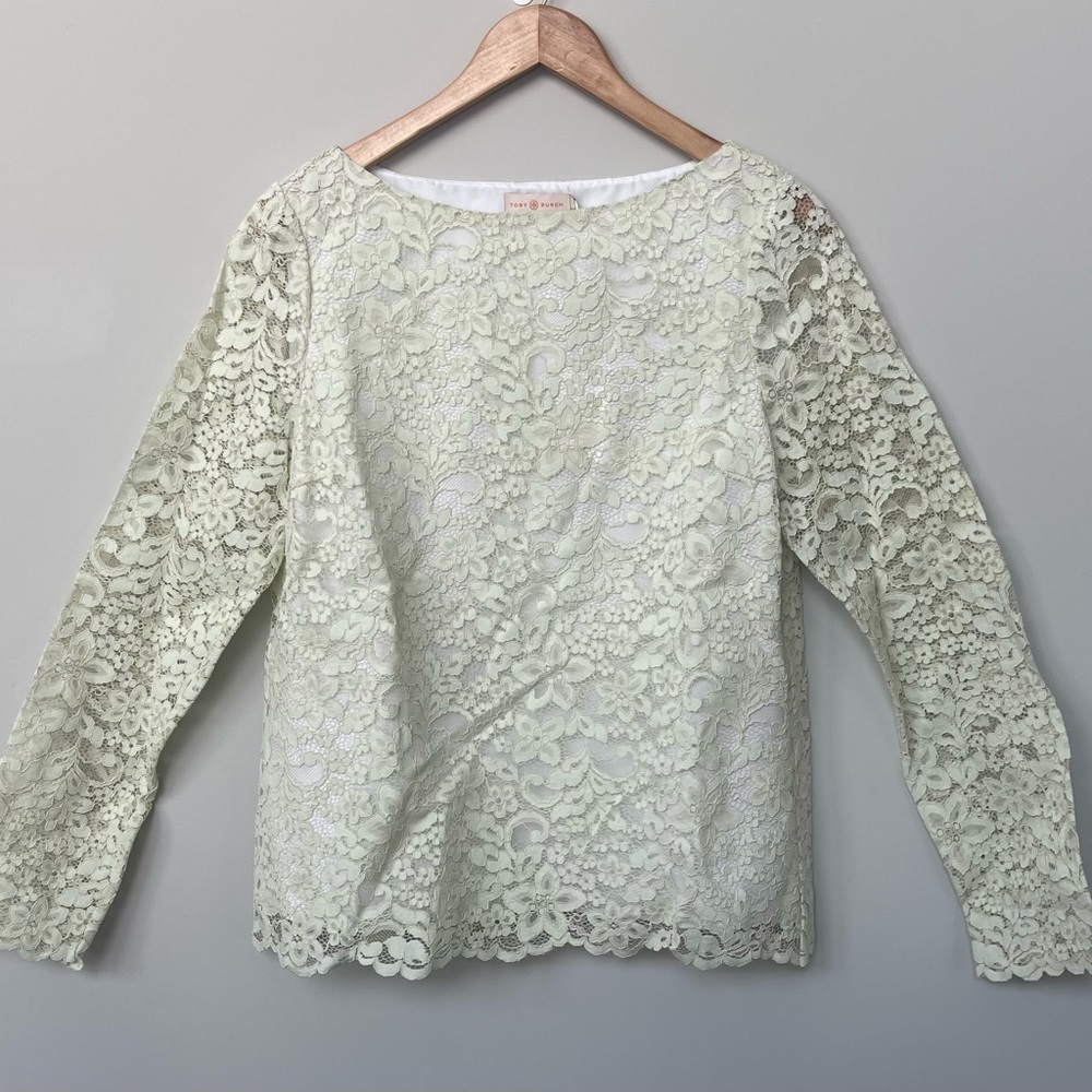 Tory Burch | Green Lace Long Sleeve Blouse Formal Elegant Designer Cottagecore